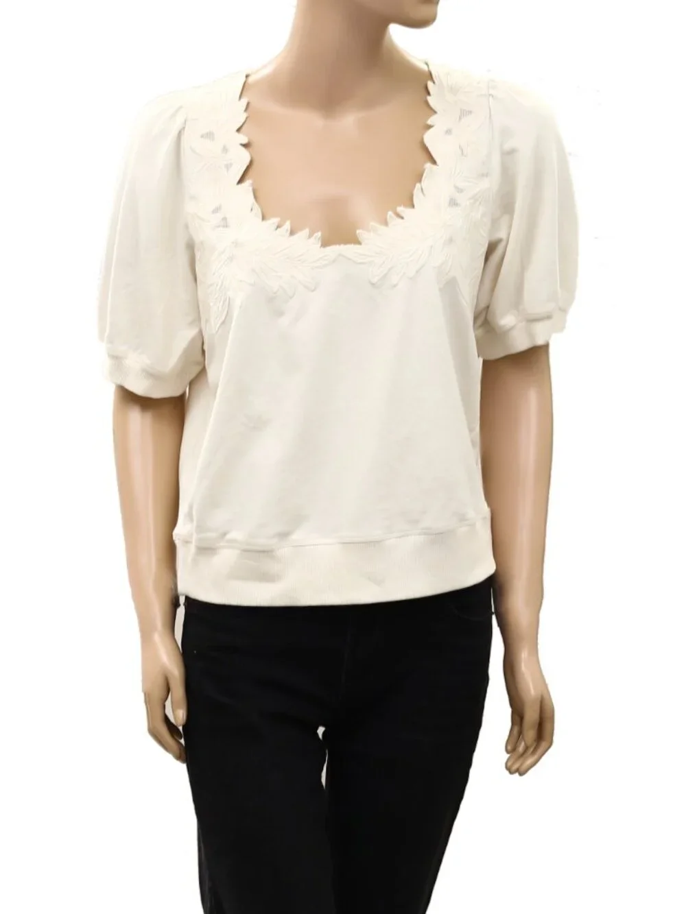 By Anthropologie Deco Crop Pullover Blouse Top White Embroidered Cotton M 290460